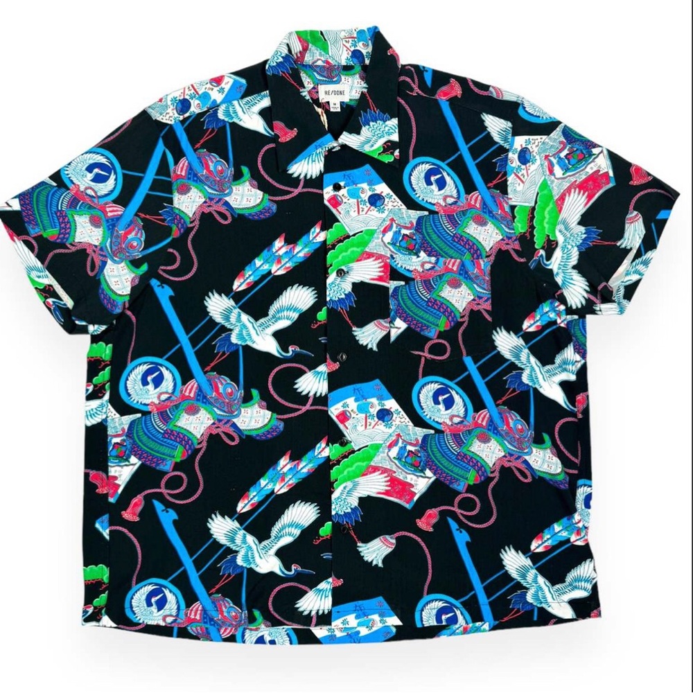 NWT RE/DONE Hawaiian Shirt Short Sleeve Surfer Dark Samurai Graphic Pattern AOP